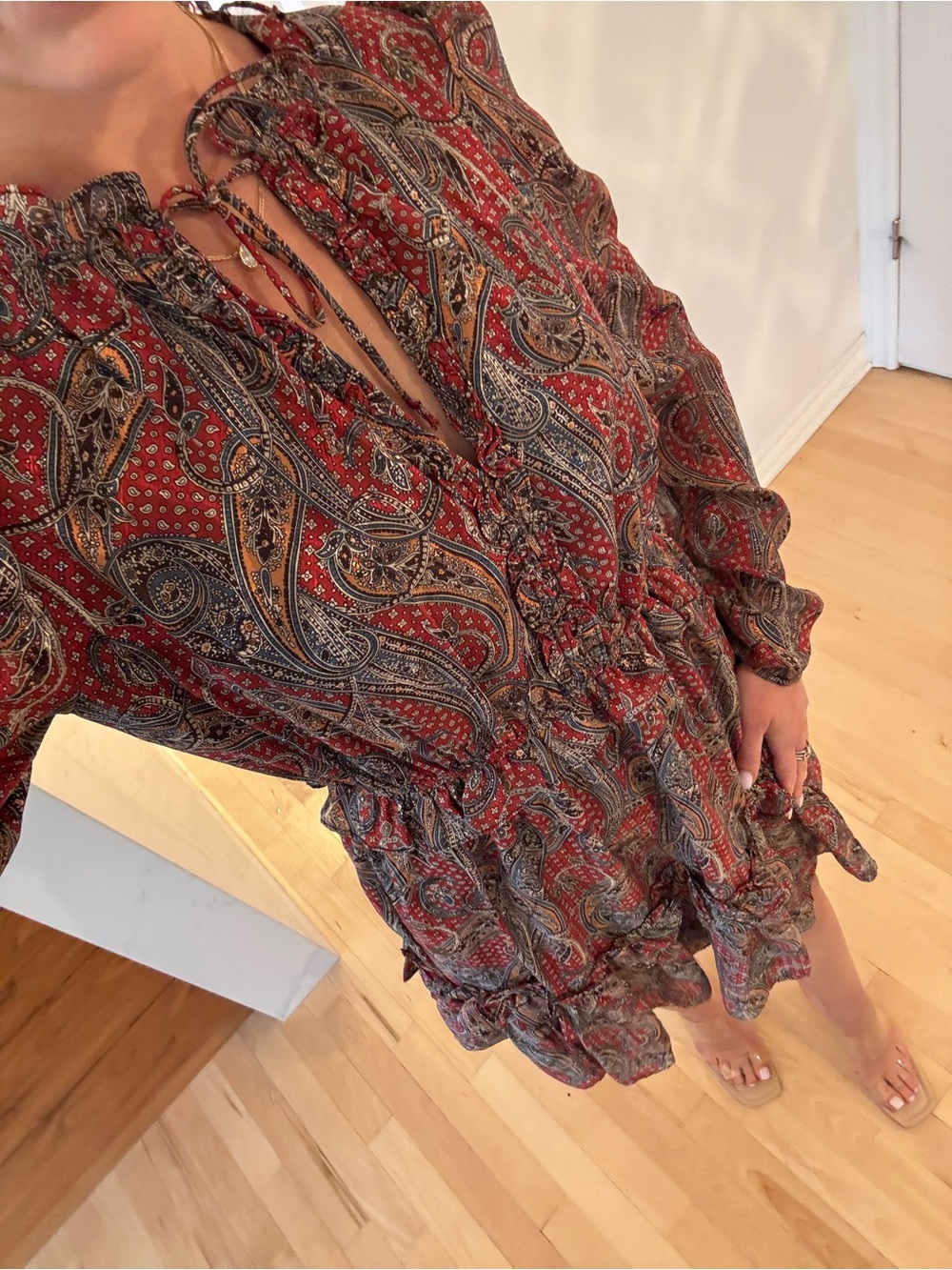 Women’s Red Paisley Ruffle Tie-Front Dress
